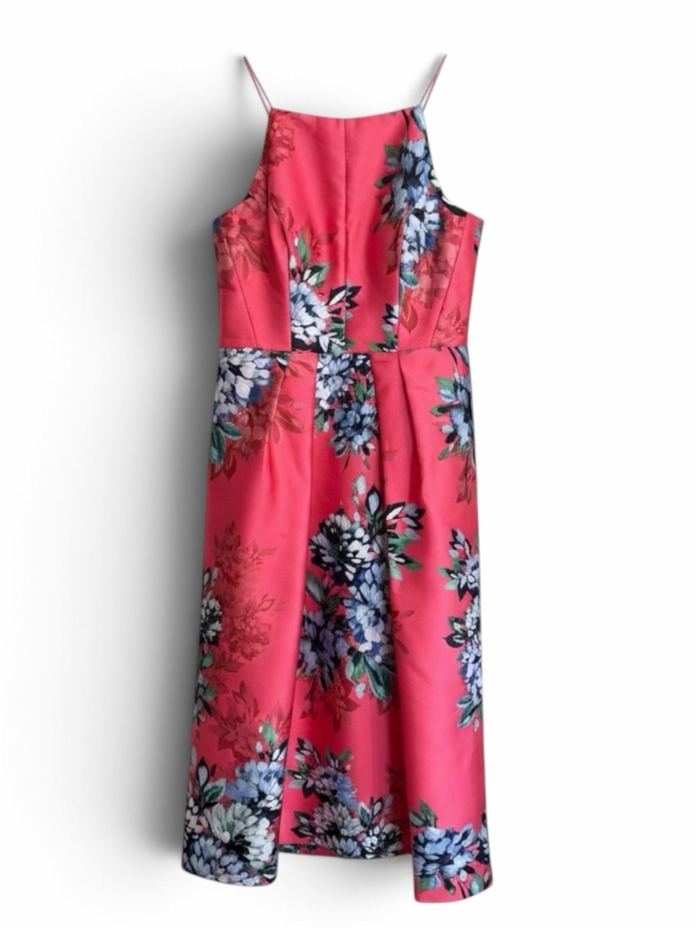 Kay Unger Coral Pink Floral Spaghetti-Strap Dress